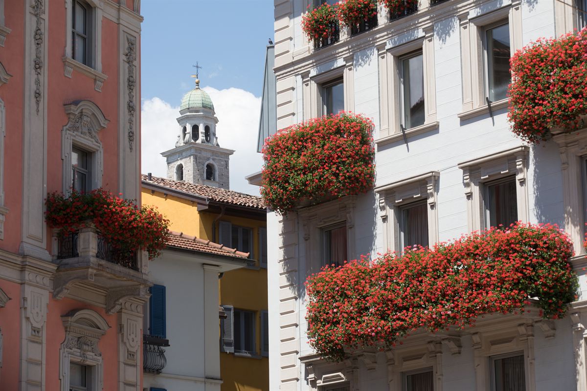 Palazzi del centro storico di Lugano con balconi fioriti